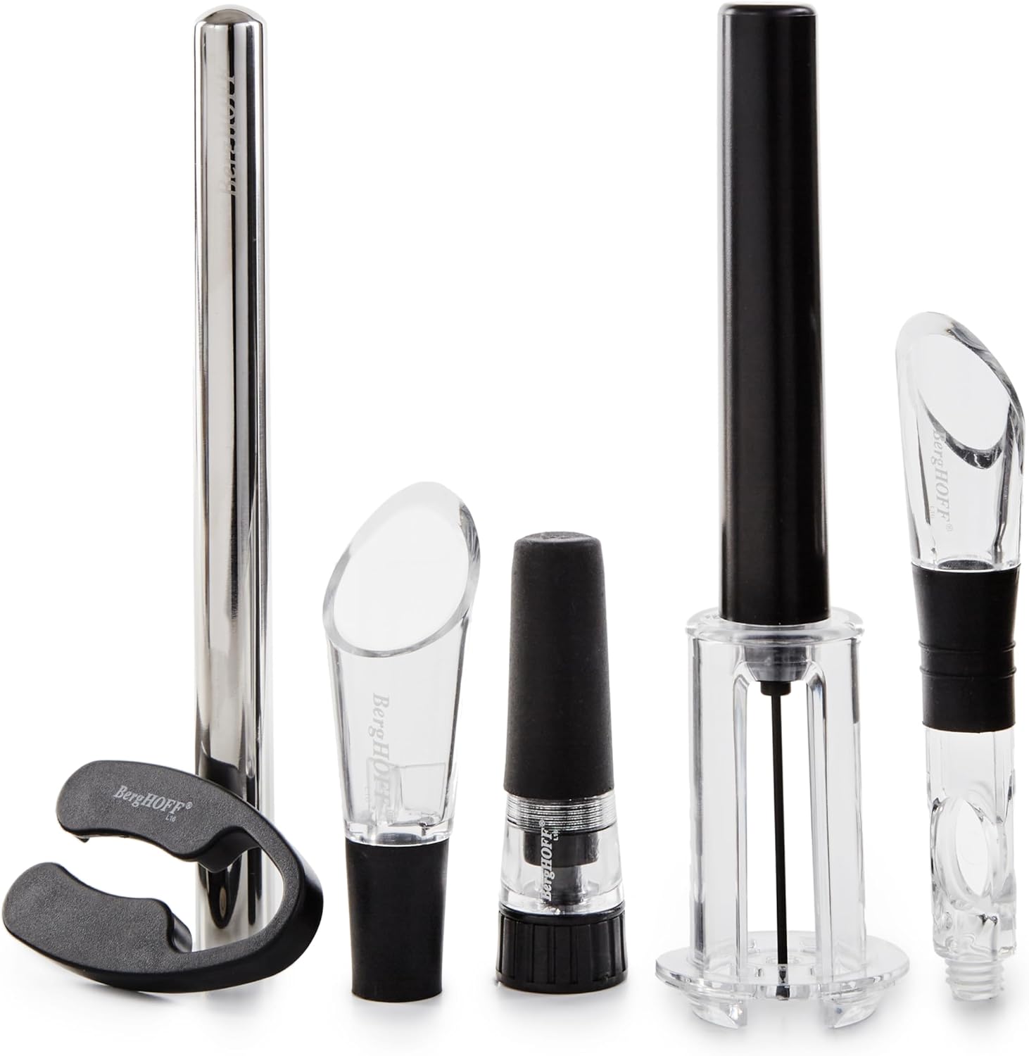 BergHOFF 6Pc Air Pressure Wine Opener with Chiller Pourer, Foil Cutter, Aerator Pourer, Vacuum Stopper Great for Gift