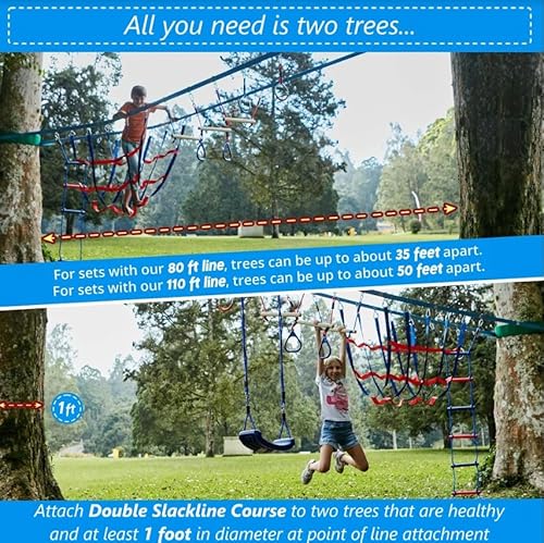 Lily's Things Double Slackline Obstacle Course For Kids | 110 Foot Line Ninja Warrior Obstacle Course Patented Double Line Design Unique Outdoor Ultimate Playground Climbing Challenge - Cargo Net Set #TOP3
