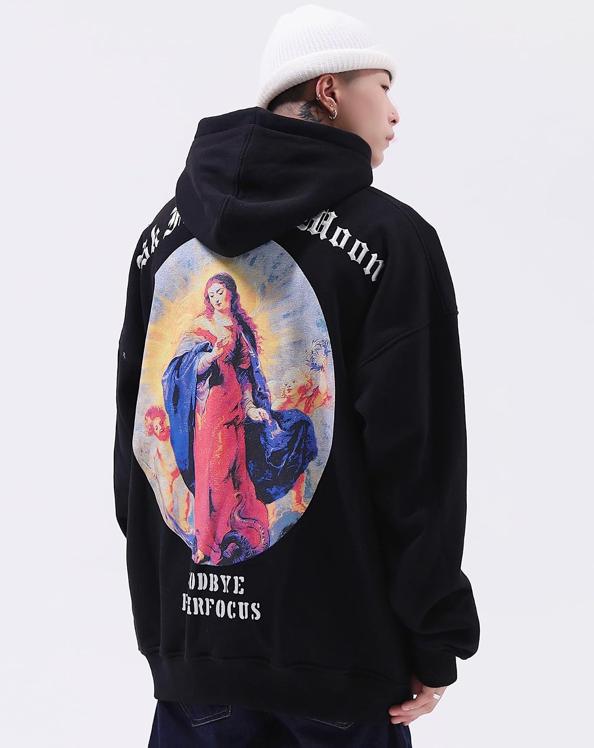 Niepce Inc Streetwear Virgin Mary Embroidered Graphic Men’s Hoodie (Black2, Large)