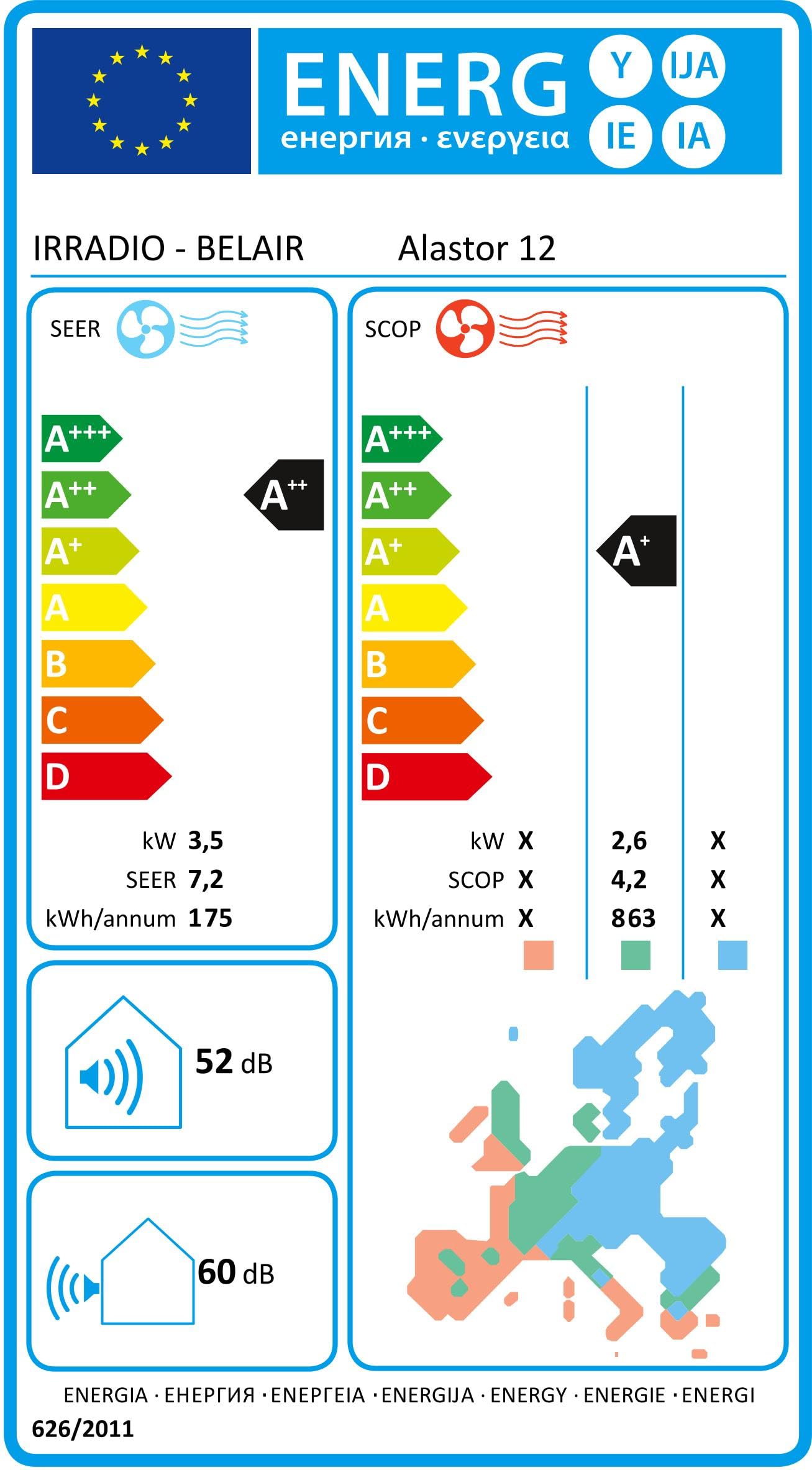 ALASTOR 12, 12000 btu, Kit Condizionatore Inverter con Pompa di Calore, Gas R32, Classe A++/A+, Telecomando, Filtri Lavabili, Display LCD, Funzioni Avanzate, Timer Programmabile