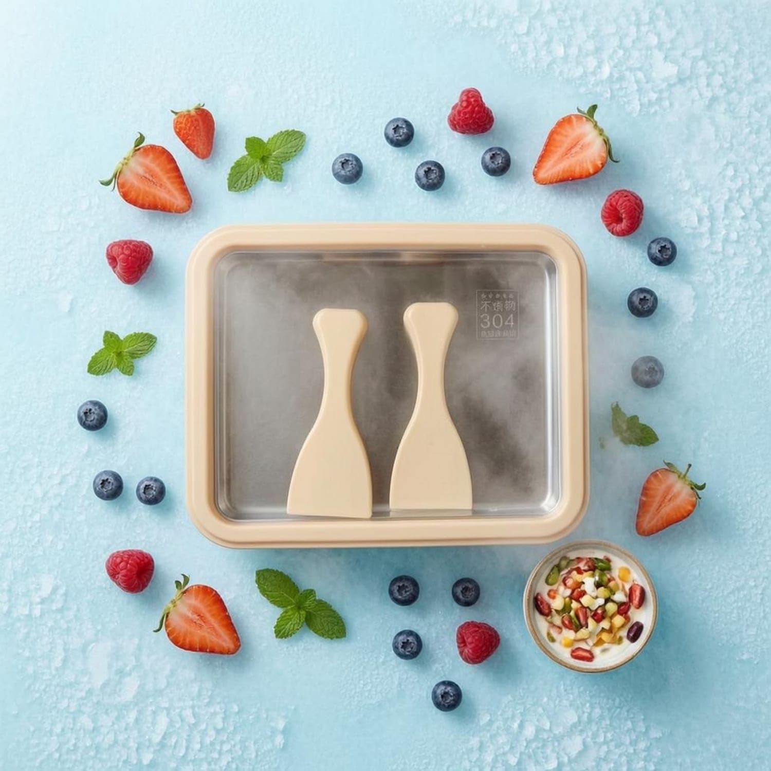 Compact Fried Yogurt Machine Portable Stainless Steel C | Compact Fried Yogurt Machine Portable Stainless Steel Cold Plate Smooth Surface Shaved Ice Raised Edge Melon Green-image-5