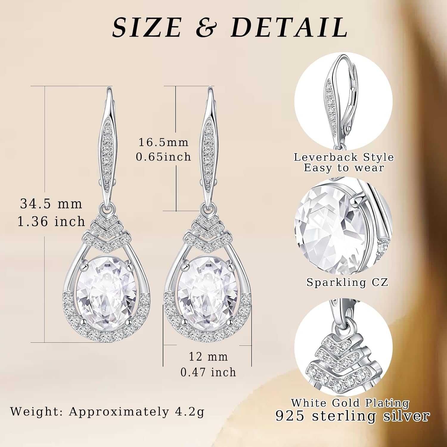 Valentine's Day Gifts for Women |18K G Plated Sterling Silver Birthstone Teardrop Leverback Drop Earring for Women Lady | Wedding Jewelry Gifts for the Bride | Hypoallergenic Oval Cut CZ Earrings - Image 6