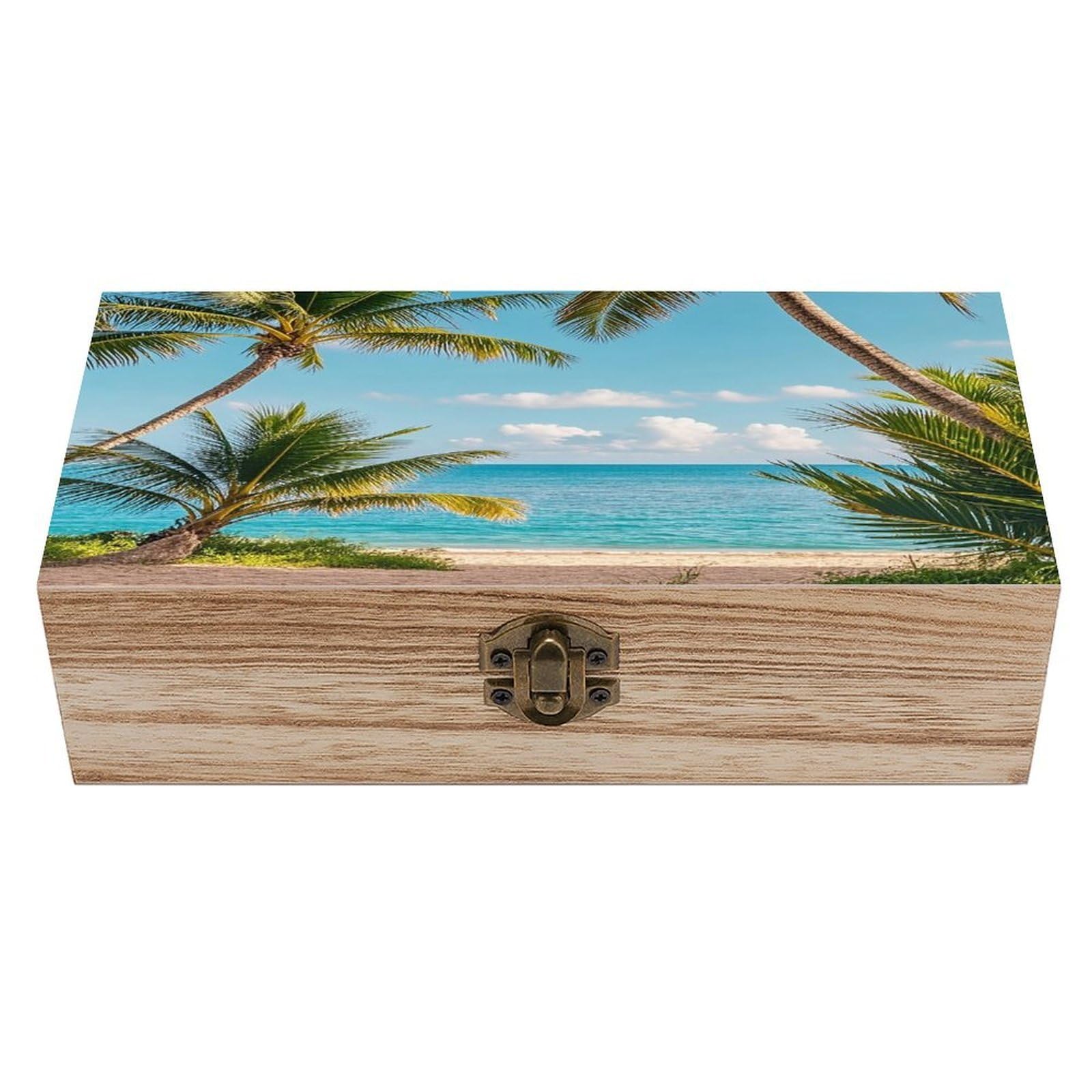 FekiLoot Tropical Palm Trees Wooden Box with Hinged Lid Vintage Storage Box Beautifully Keepsake Boxes Jewellery Organiser & Trinket Holder Unique Gift Ideas for Men & Women