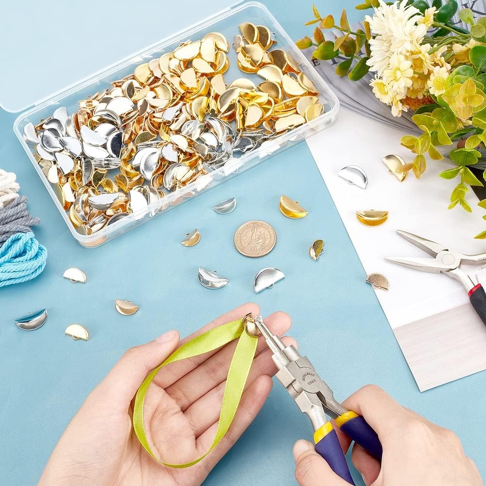 SUNNYCLUE 1 Box 350Pcs Ribbon Crimp Clamp Ends Iron Folding Crimps End Half Round Silver Gold Cord End Bookmark Pinch Crimp Ends for Jewelry Making DIY Choker Necklace Anklets Crafting Accessories