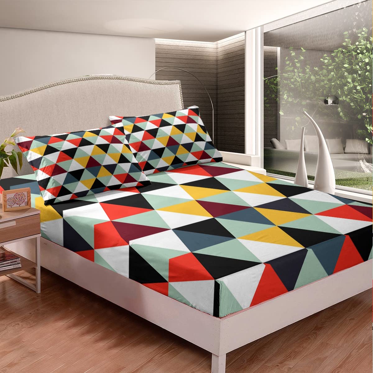 Set di biancheria da letto con lenzuolo con angoli, per letto matrimoniale, 3 pezzi, per bambini, ragazzi e ragazze, motivo geometrico a quadri, triangolare, con 2 federe, morbido poliestere
