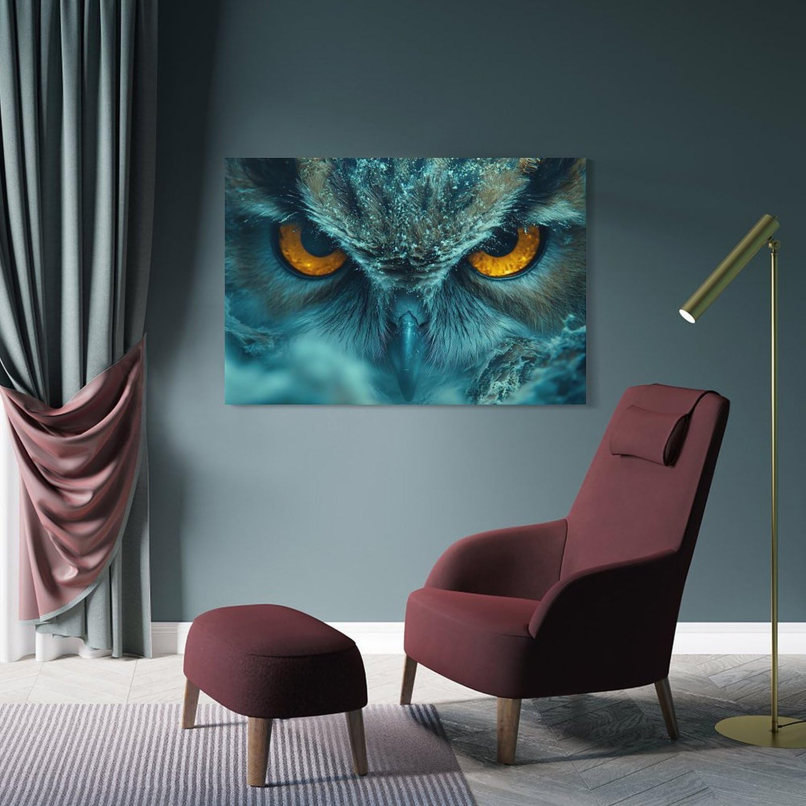Junmoney Frame-Style-9 Hanging Wall Art Intense Owl Gaze, 24X36inch(60X90cm), For Entryway, Lounge Links Or Small Walls, A Neat Decor Update For Hallways