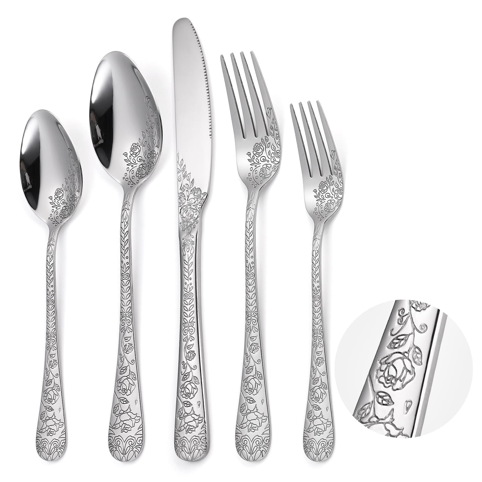Floral Silverware Set, 5 Silvery Flatware Stainless Steel with Delicate Engraved Rose Flower Embossed Design Complete Cutlery Utensils for Home Everyday Use Festival Parties