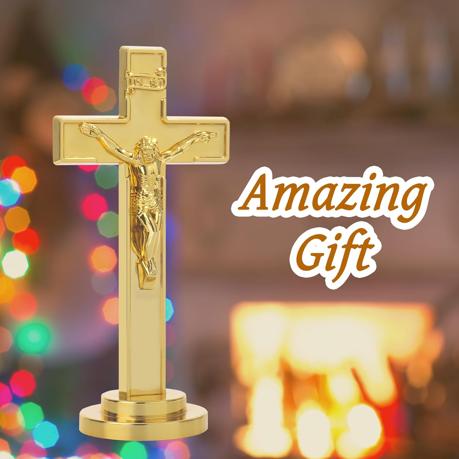 JUXINGDAZYF Crucifix Standing Cross, Plastic Tabletop Wall Hanging Jesus Christ Catholic Cross Crucifix Wall Cross for Home Decor, Devout Gifts (Gold - 7 Inch)