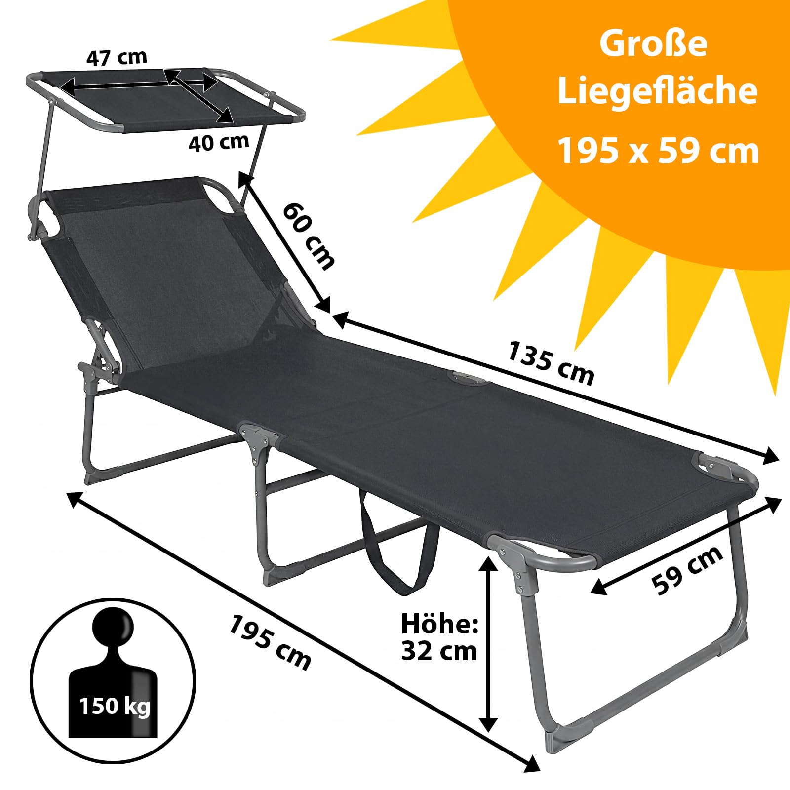 Montafox Sonnenliege 195 x 59 x 32 cm Strand Liege Tragbar max.150 kg Sonnendach Verstellbar Rückenlehne Garten Pool Terrasse Klappbarer Liegestuhl, Farbe:grau