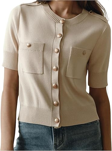 Verdusa Women's Old Money Button Down Blouse Summer Knitted Dressy Work Tops Bus