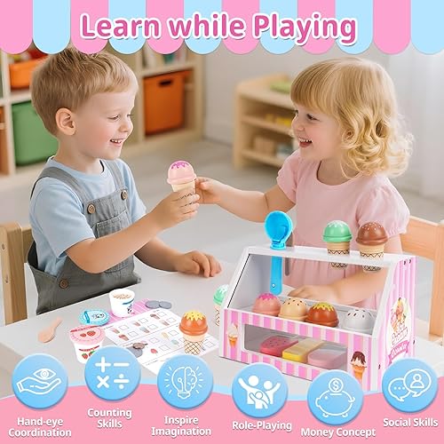 Miniatura 5 de Juguete de helado, juguetes de madera para jugar, tienda de juegos para niños, juego de helado de madera con cuchara, menú, dinero falso, juguetes