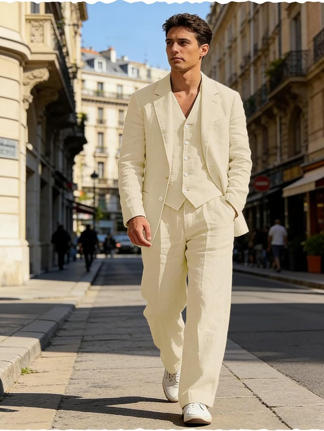 Men's Linen 3 Piece Suit Set Casual Blazer Single Breasted Vest Wide Leg Pants Beach Wedding Business Outfit