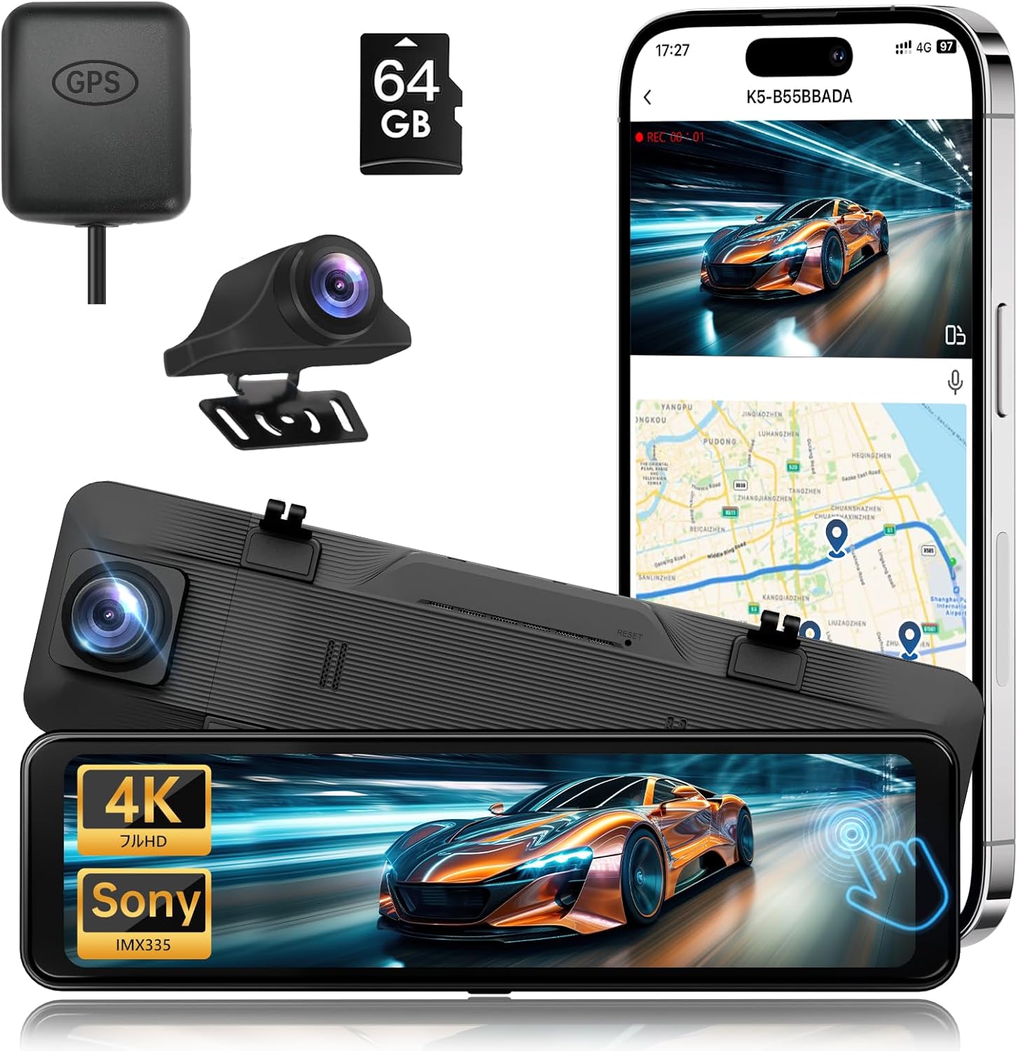 ドライブレコーダー ミラー型 前後カメラ: K5ドラレコ 前後800万+400万画素 Sony製IMX335センサー APP制御 ADAS先進運転支援+BSD側方接近検知システム HDR/WDR GPS搭載 24時間駐車監視 LED信号対応+地デジ対策 デジタルインナー機能搭載 タイムラプス録画 ループ録画 64GBカード付き 緊急ロック 170°+165°視野角 11インチ タッチスクリーン