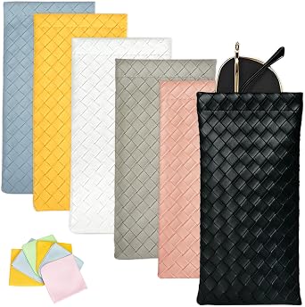 6 PCS Soft Glasses Case, Squeeze Top Sunglass Organizer with Cleaning Cloth | PU Leather Travel Eyeglass Pouch for Women, Men