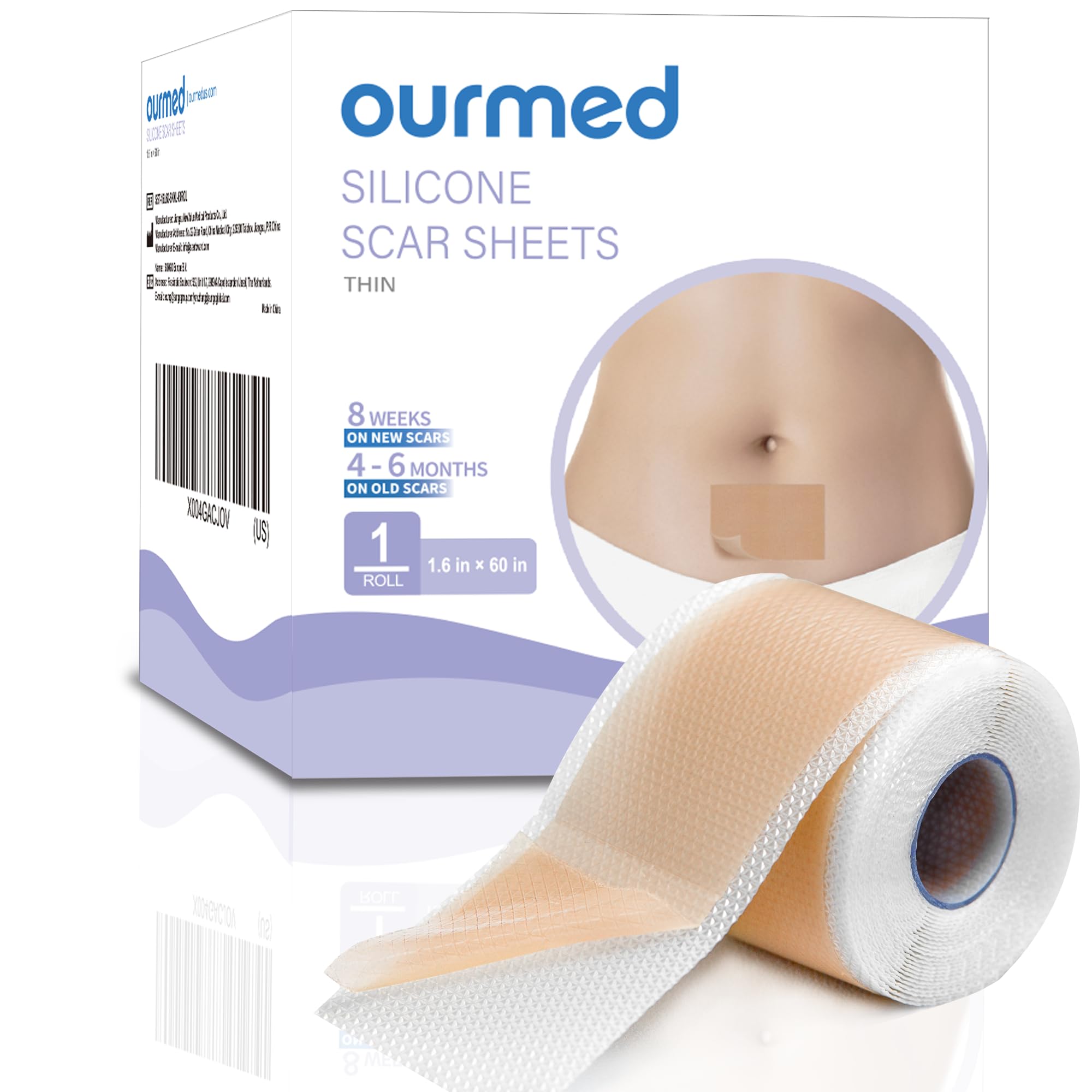 Ourmed Silicone Scar Tape(1.6" x 60" Roll - 1.5M), Medical Grade Silicone Scar Removal Sheets, Hypoallergenic for New and Old Scars – Surgery, Burns,