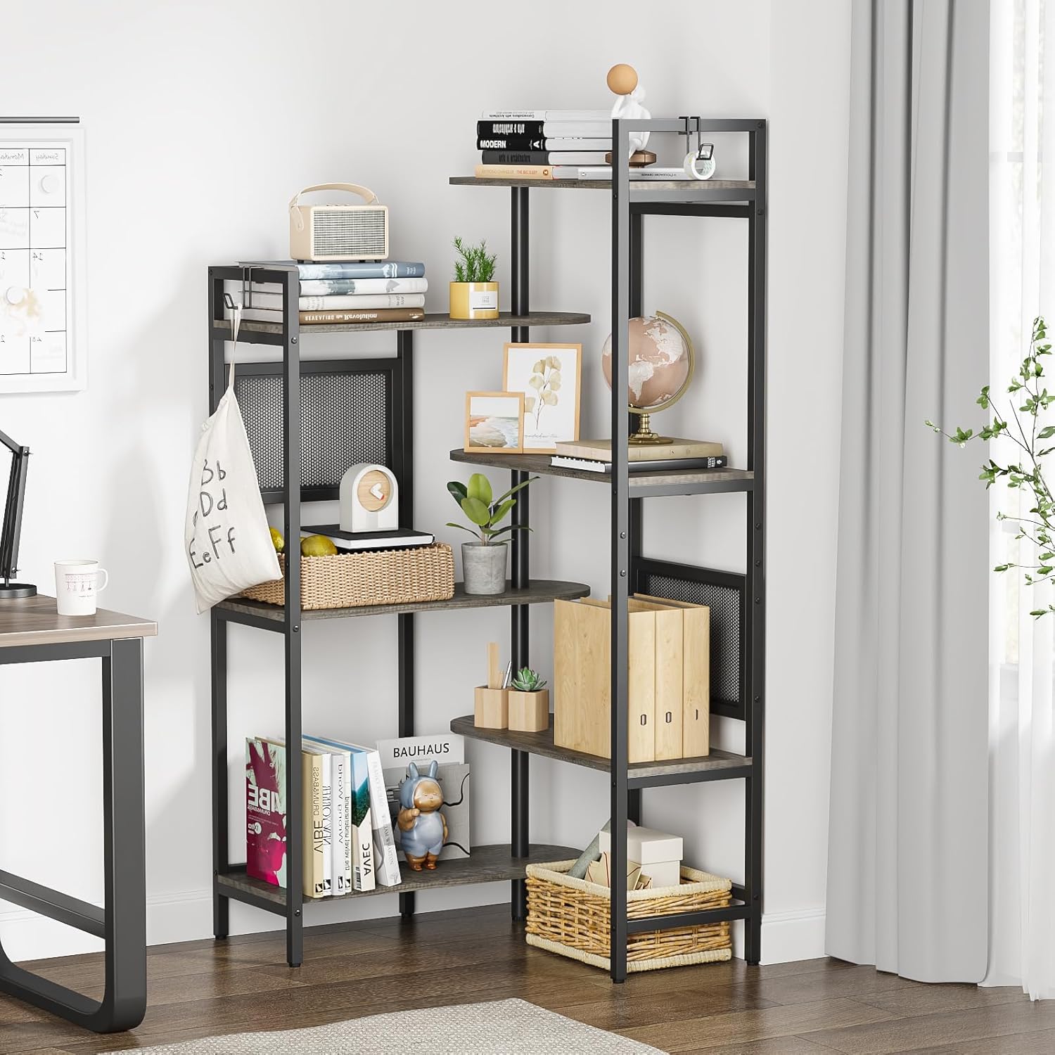 Gezen 6-Tier Industrial Bookshelf Wood Bookcase with Metal Frame Tall Office Book Shelves Wooden Etagere Book Shelf Open