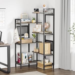 Gezen 6-Tier Industrial Bookshelf Wood Bookcase with Metal Frame Tall Office Book Shelves Wooden Etagere Book Shelf Open
