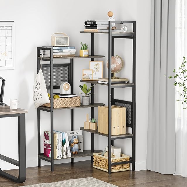 Gezen 6-Tier Industrial Bookshelf Wood Bookcase with Metal Frame Tall Office Book Shelves Wooden Etagere Book Shelf Open