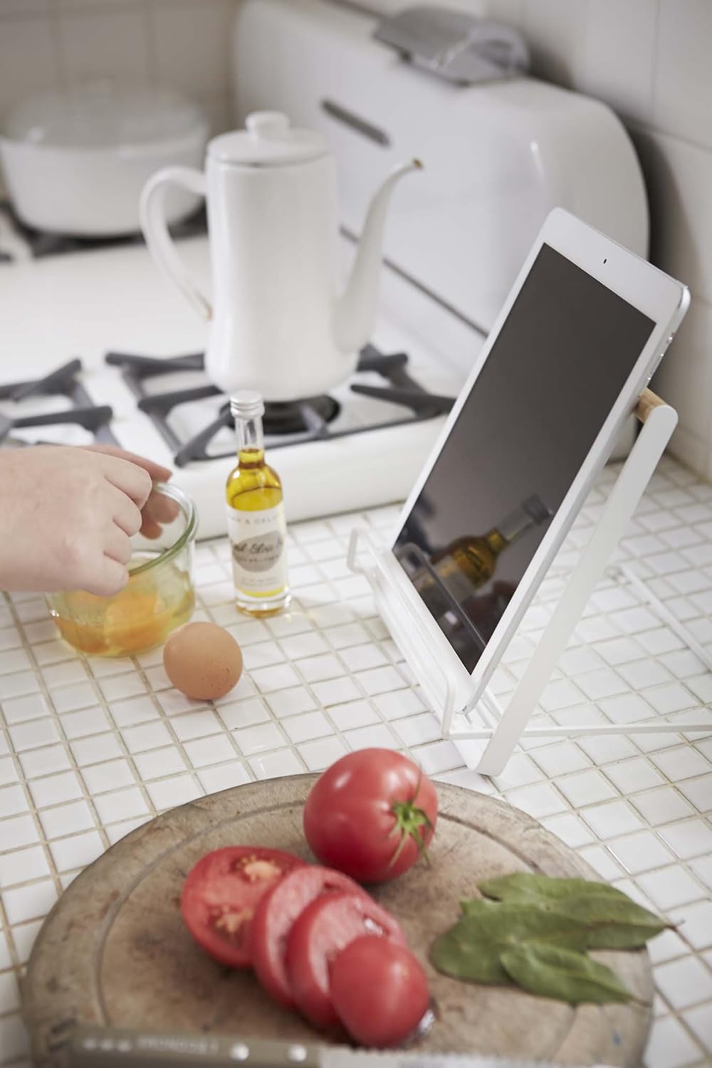 YAMAZAKI Tablet Home Cookbook Stand-Kitchen Cooking Recipe Holder for Counter | Steel + Wood | Remote Control & Tablet Organizer, One Size, White