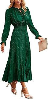 Women's 2025 Spring Fall Midi Dress Casual Long Sleeve V Neck Swiss Dot Pleated A Line Flowy Dresses
