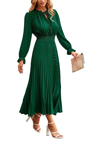 PRETTYGARDEN Womens 2026 Spring Fall Midi Dress Casual Long Sleeve V Neck Swiss Dot Pleated A Line Flowy