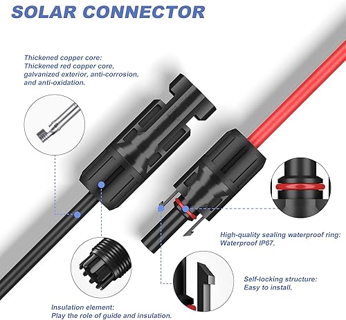 Miniatura 2 de Cable de panel solar de 20 pies 10 AWG (6 mm), calibre 10, 20 pies negro y 20 pies de cobre estañado rojo, kits de cable de extensión con conector