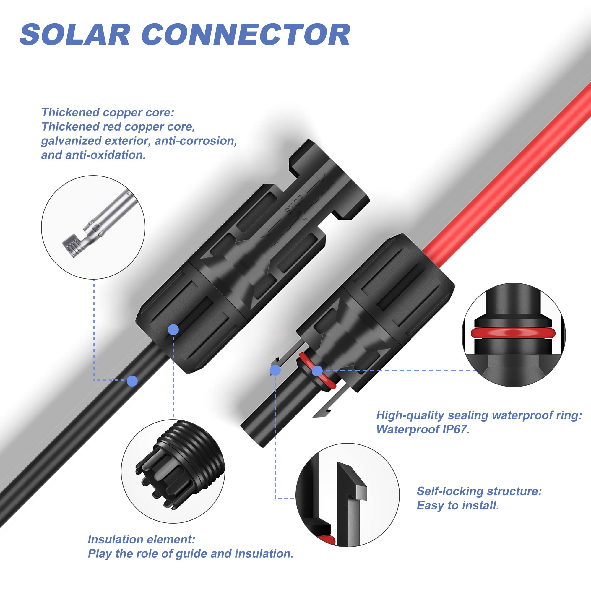 SUNSUL 5 Feet 10AWG(6mm²) Solar Panel Wire, 10 Gauge 5FT Black & 5FT Red Tinned Copper Extension Cable Kits with Female and Male Connector for RV Home Boat and Any Other Off-Grid Applications