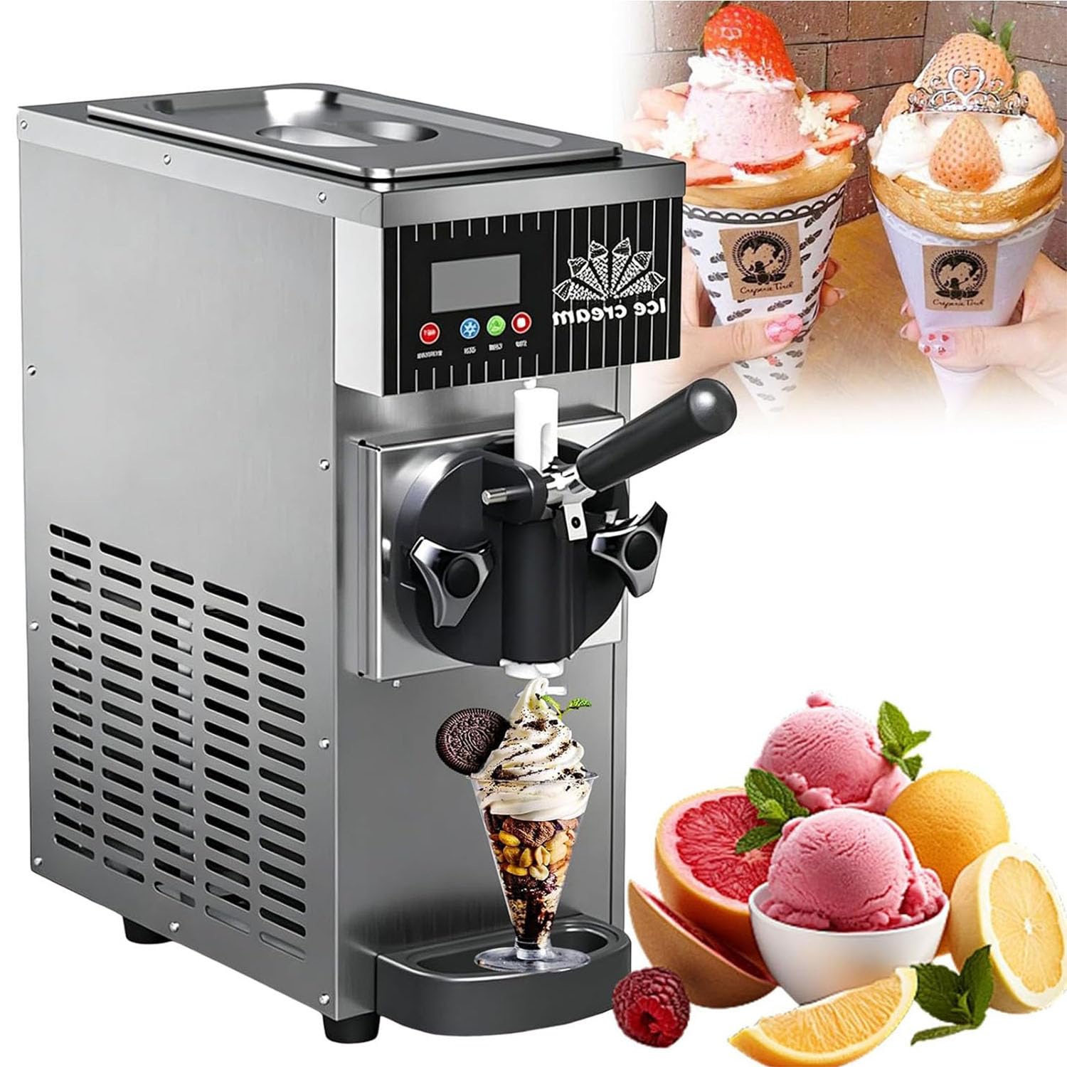 450W Máquina de Helados Soft Heladera Maquina Comercial Maquina Helados Soft Panel LCD Preenfriamiento para Buffets Tiendas de Bebidas Restaurantes,Gris,51x40CM