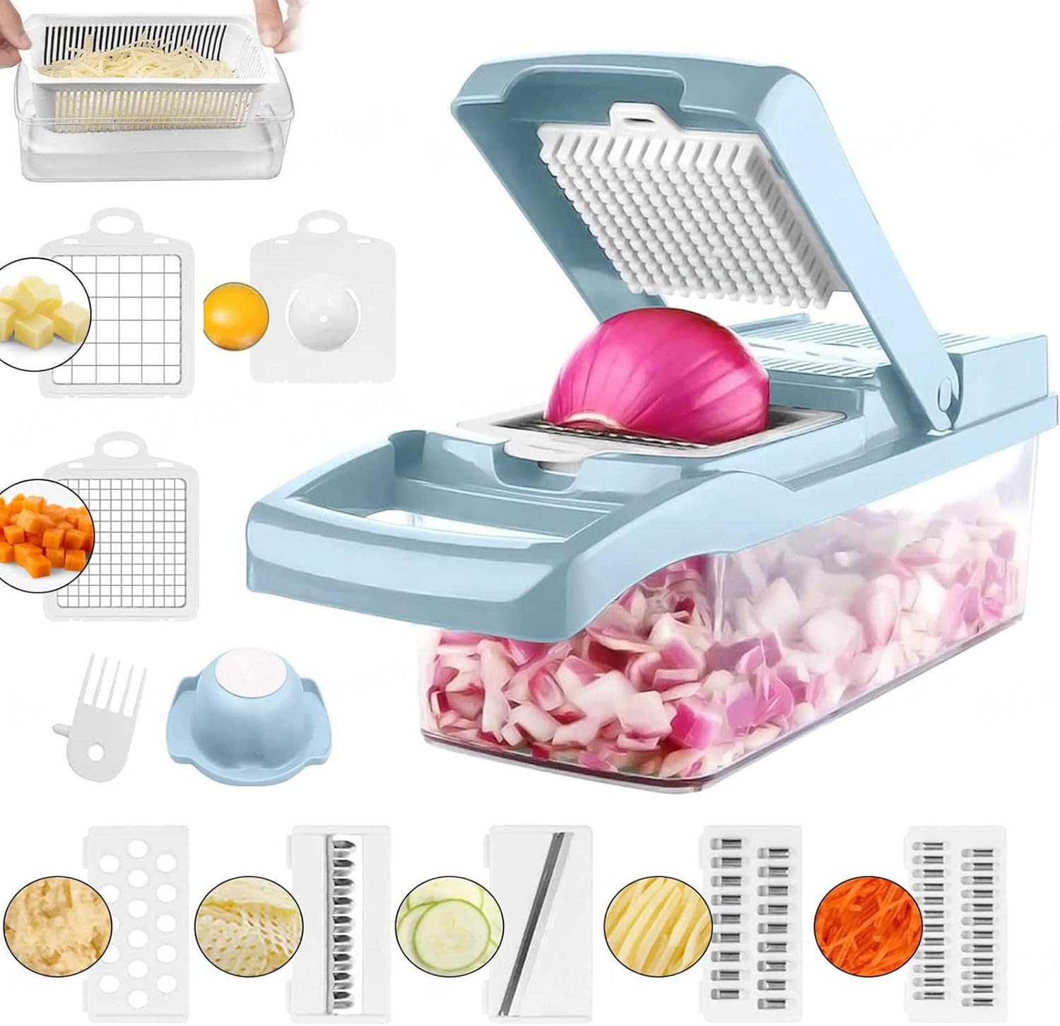 Multi-Function Vegetable Chopper, Kitchen Mandoline Slicer, Cheese Slicer Onion Chopper Dicer with 7 Replaceable Stainless Steel Food Chopper for Onion Potato,A