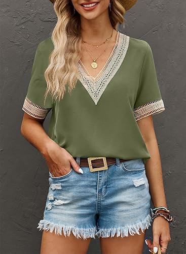 Miniatura 2 de EVALESS Blusas de verano sexy de manga corta para mujer, blusas con cuello en V y ribete de encaje, blusas de moda para mujer, camisas casuales