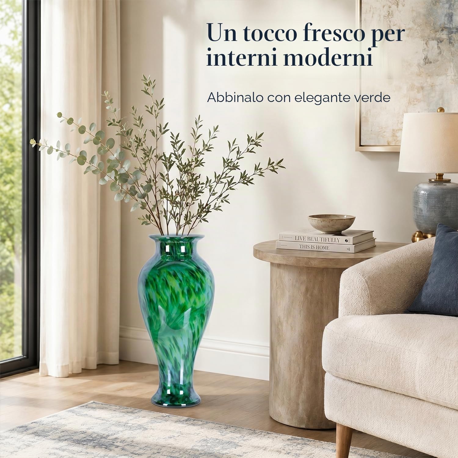 Vaso di vetro verde alto 50,8 cm, soffiato a mano, grande vaso di vetro da pavimento, decorazione per la casa, graziosi moderni vasi di fiori verde scuro, Jarrones Grandes para Sala Elegantes, grandi