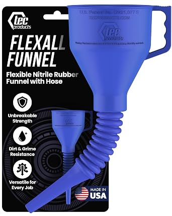 TEC Products FlexAll Long Flexible Oil Change Funnels for Automotive Use | Automotive Oil Funnel with Hose, Durable Nitrile Rubber Funnel for Car Oil, Diesel, Fuel, Made in USA, Blue 16 x 5 Inches