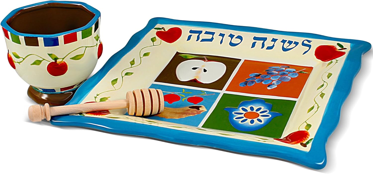 Rosh Hashanah Honey Dish Set - Ceramic Apple Plate, Honey Bowl & Wooden Dipper, Shana Tovah Judaica Gift