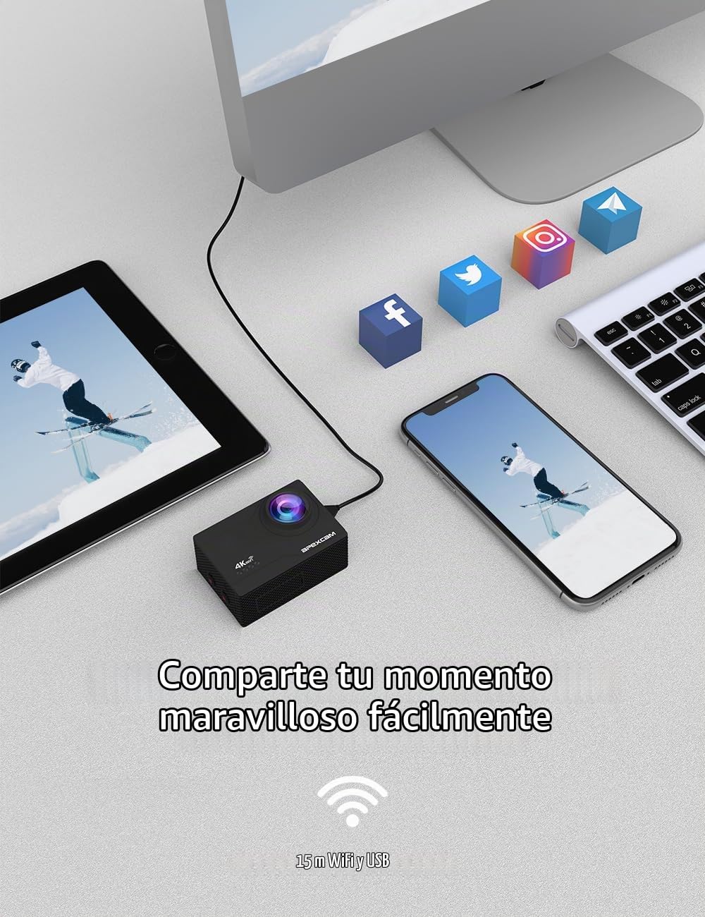 Apexcam Cámara Deportiva 4K60 EIS con Bolsa Organizadora WiFi Cámara subacuática Impermeable 40M Action Camera Gran Angular 2.4G Remoto 2 baterías de 1350mAh y Accesorios Multiples