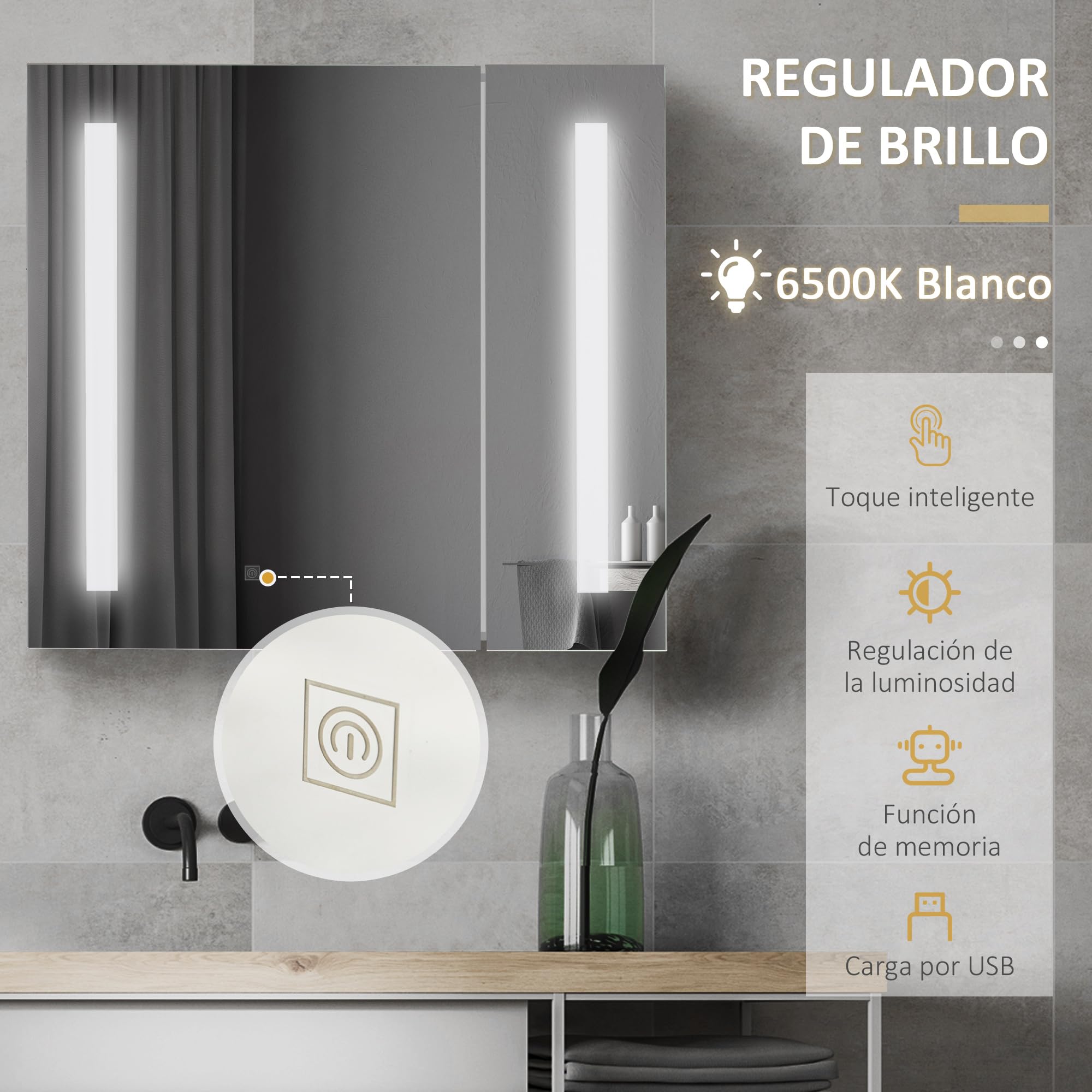 kleankin Armario con Espejo de Baño con Luz LED 70x15x65 cm Blanco | Armario de Baño Colgante, 2 Puertas, Función de Memoria, Interruptor Táctil, Estilo Moderno