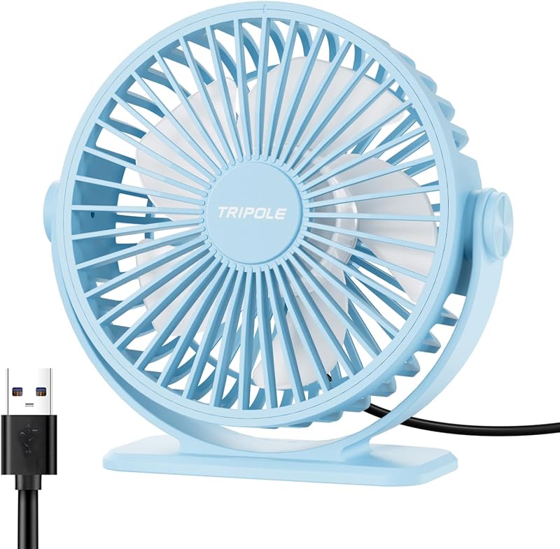 Ventilador de escritorio USB TriPole pequeño portátil, mini ventilador personal silencioso con rotación de 360° | Azul, ventilador USB enchufable de 3 velocidades, ventiladores de escritorio pequeños y silenciosos, cable de 4,9 pies, brisa fuerte para escritorio, dormitorio, oficina, mesa de viaje