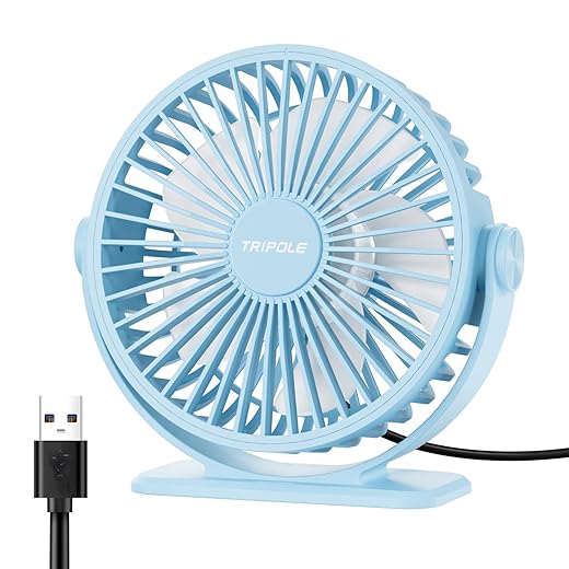 TriPole Small Desk Fan USB Powered Mini Portable Fan, 3 Speeds Strong Breeze Electric Fans, 360° Rotation Quiet Plug In Personal USB Cooling Fans for Desktop Bedroom Office Table Travel Cruise, Blue