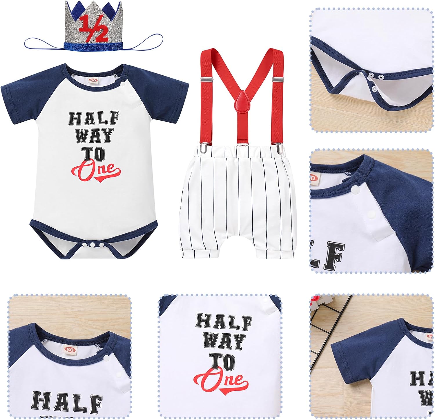 ODASDO Half Way To One Baby Boy Birthday Outfit Smash Cake Photoshoot Romper Shorts Headwear Suspenders 4pcs Set - Image 5