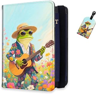 RFID Passport Holder for Travel with Luggage Tags, PU Leather Passport Wallet with Multiple Card Slots, Frog Musician in Flower Field Travel Passport Case for Men & Women