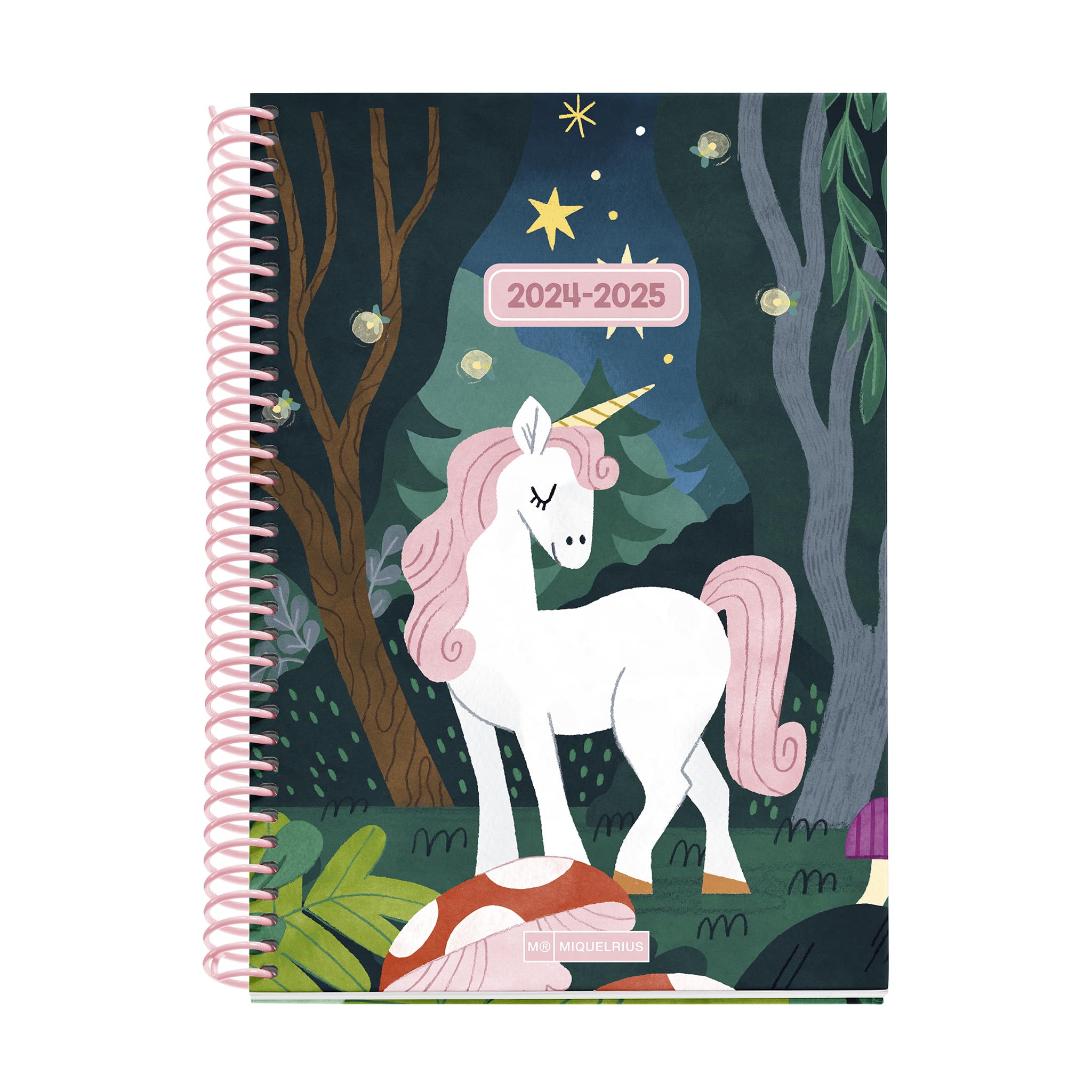 Miquelrius - Agenda Escolar 24-25, Septiembre 2024 a Junio 2025, Tamaño 150 x 213 mm, Semana Vista, Espiral Plástico Rosa,Cubierta Cartón Forrado, Cierre con Goma, Español e Inglés, Unicornio