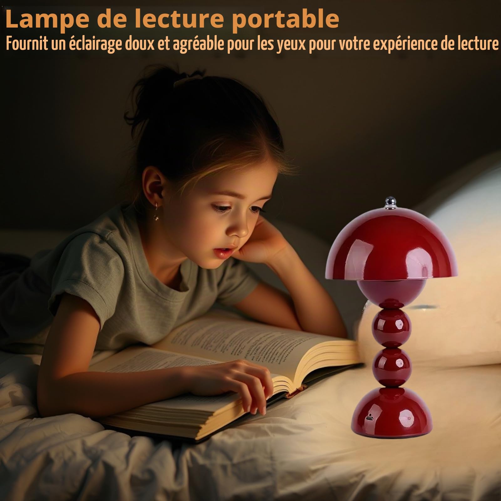 Lampe de table sans fil, lampe de chevet rechargeable à commande tactile et variable en 3 couleurs, lampe portable à pile en forme de champignon pour table de nuit, cuisine, bureau, décoration