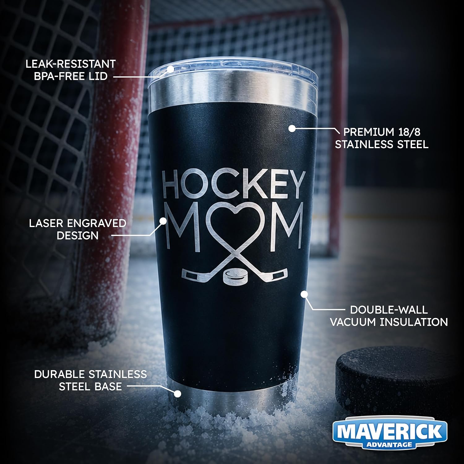 Maverick Advantage Hockey Mom Tumbler - 20 oz Black Tumbler w/Sliding Lock Lid - Mom Gift - Hockey Gift