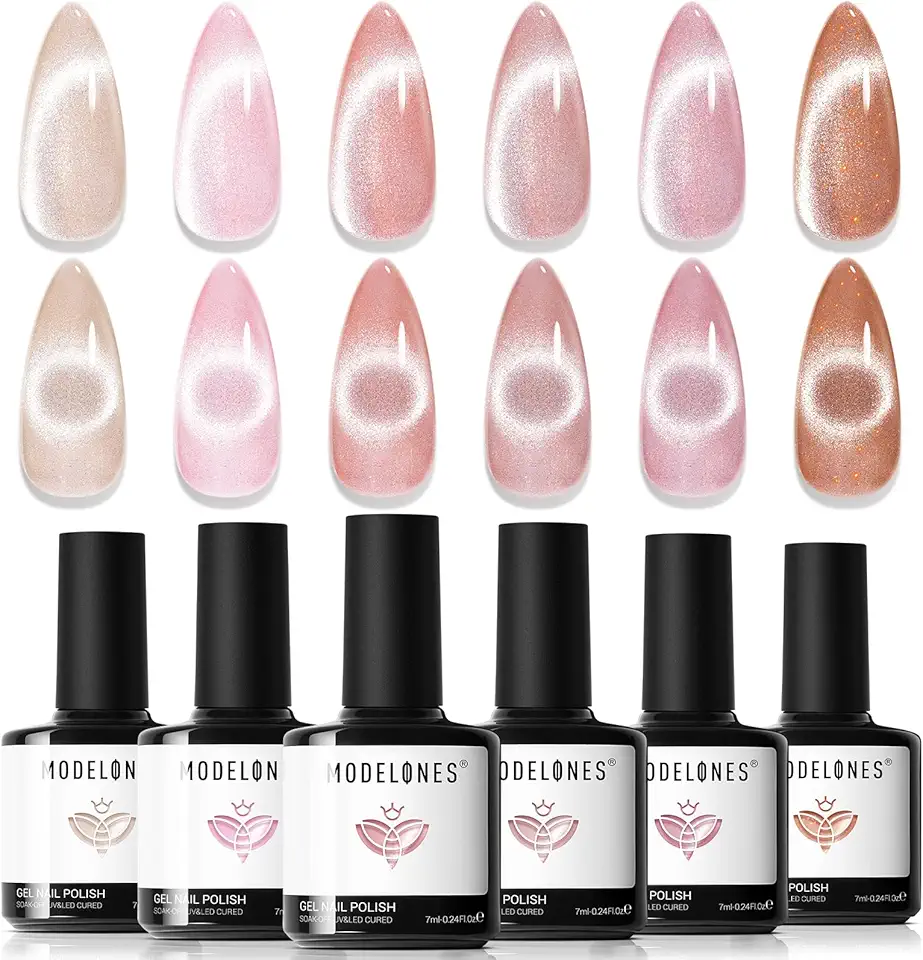 modelones Esmalte de gel Cat Eye, 6 cores de esmalte de gel nude rosa com glitter marrom com ímã Sparkle Galaxy Series Kit de esmalte de unhas de imersão Led Art Manicure Salon DIY Gifts