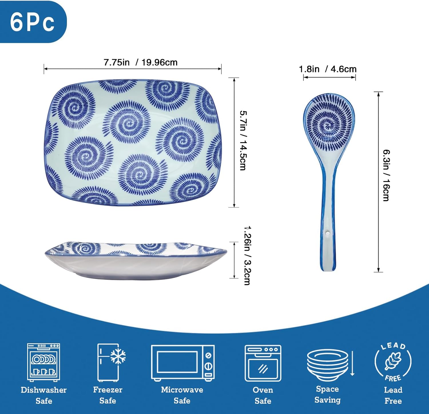 Japanese Ceramic 7.75 inch Rectangular Salad Plates Set of 6, Dessert Plates for Appetizer, Sushi, Pasta, Porcelain Plates for Kitchen, Microwave/oven/Dishwasher Safe, Vintage Blue, Gift Set