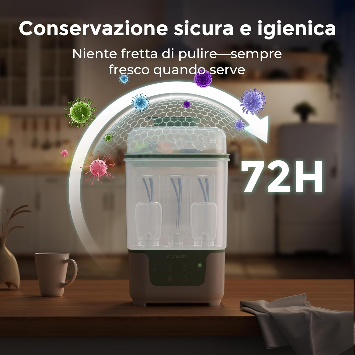Momcozy Sterilizer showing 72-hour sterile storage