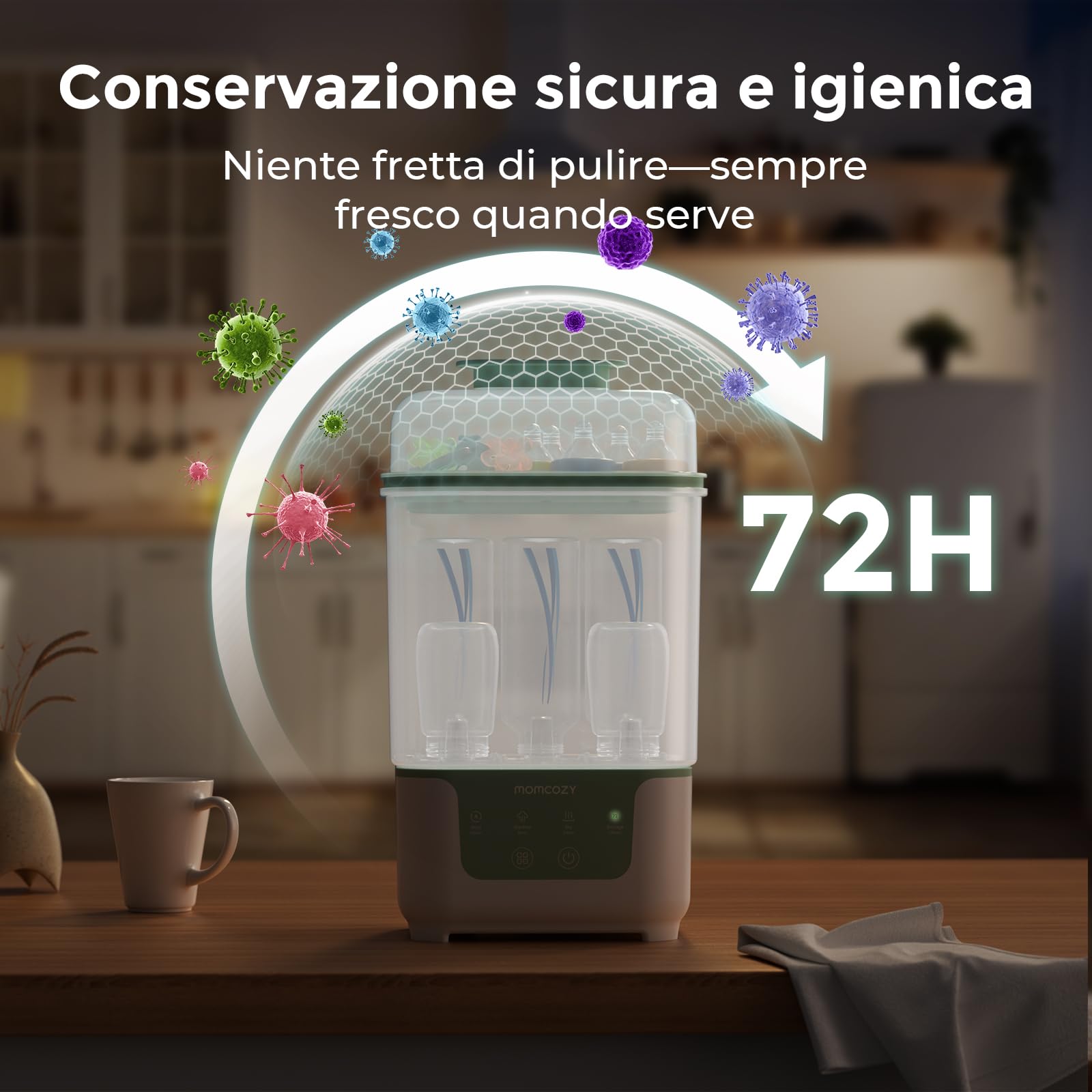 Momcozy Sterilizzatore e Asciugatrice per Biberon, Capacità 6 Biberon, Sterilizzatore Compatto 4 in 1 per Biberon, Parti per Tiralatte e Articoli Essenziali per Neonati, Stendibiancheria Incluso