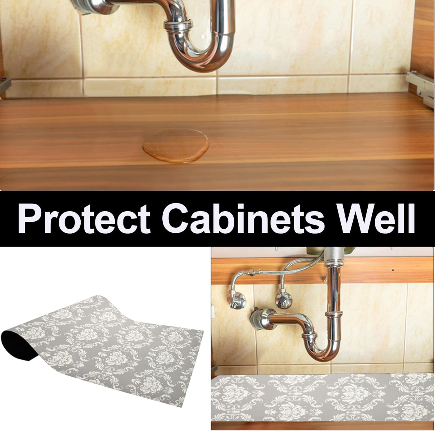 AiBOB Waterproof Under Sink Mat, Absorbent Quick Dry Sink Liners Protect Cabinets, Durable Shelf Liners, Slip Resistant and Non-Adhesive, 24X68, Light Grey