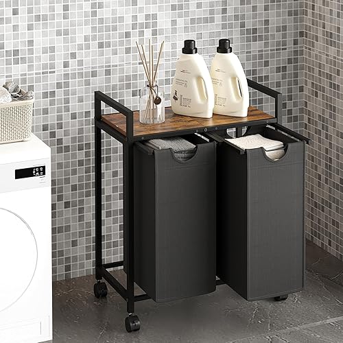 Miniatura 2 de Carrito clasificador de ropa sucia, cesta de lavandería con ruedas, organizador de cesta de lavandería con ruedas, 2 bolsas extraíbles extraíbles