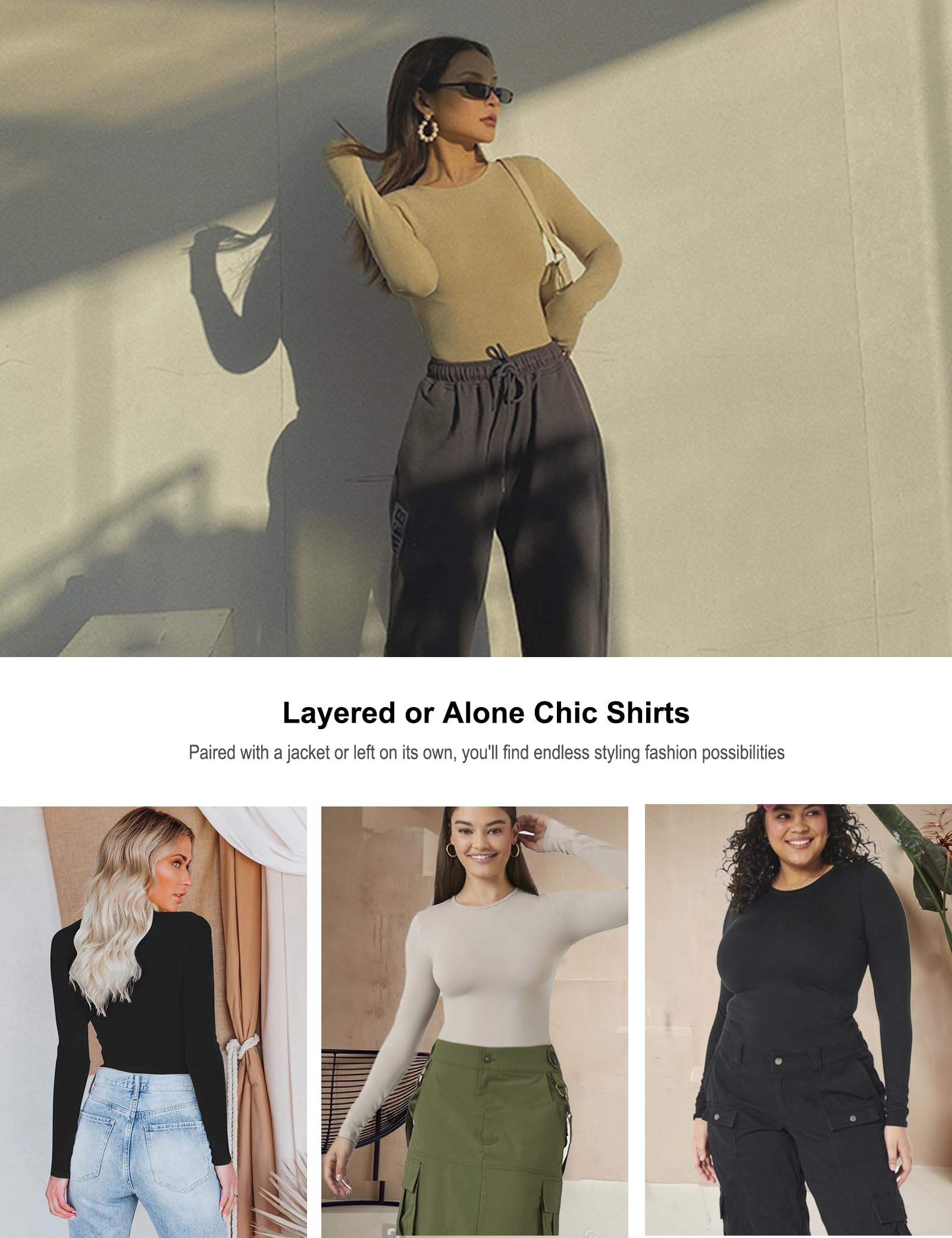 5 Pack Womens Basic Long Sleeve Shirts Crew Neck Slim-Fit Fitted T Shirts Tops Undershirts Underscrub Baselayer