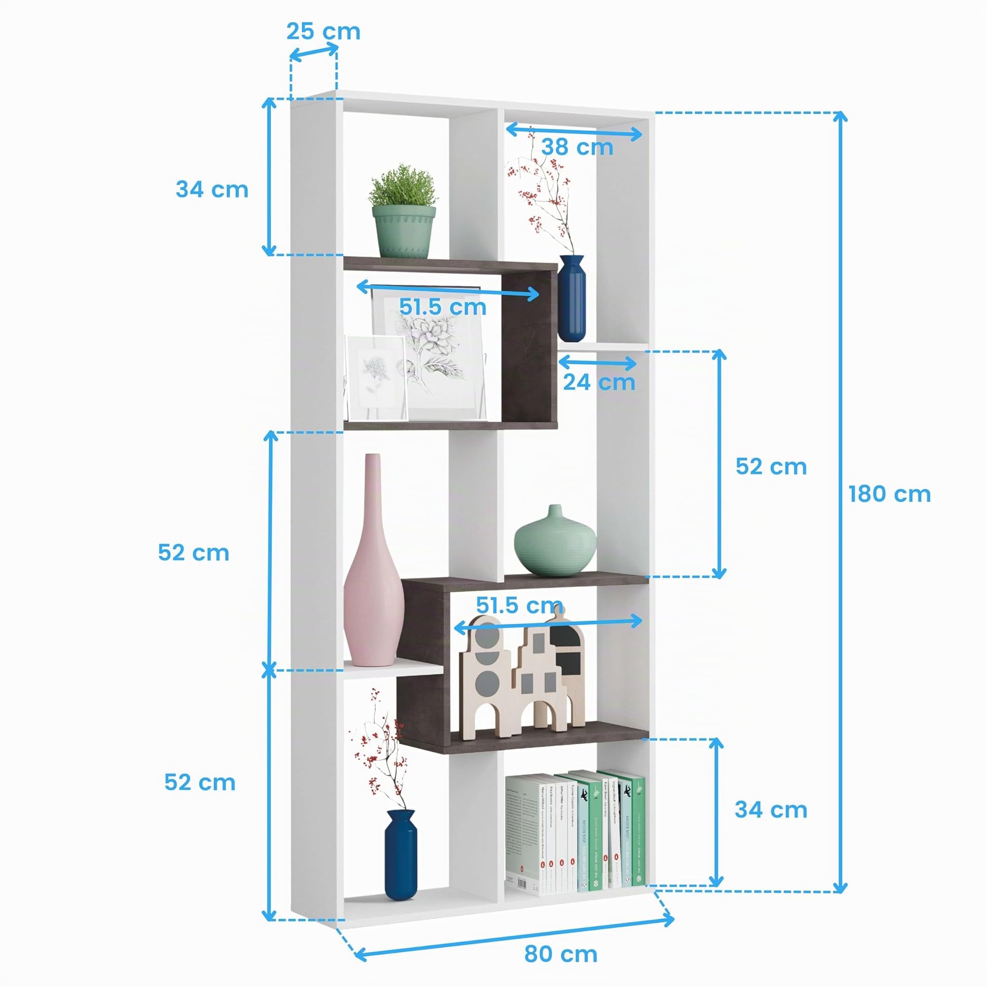 Habitdesign Estantería Reversible, Librería Oficina, Modelo Kawa, Acabado en Color Blanco Artik Y Oxido, Medidas: 180 cm (Alto) x 80 cm (Ancho) x 25 cm (Fondo)